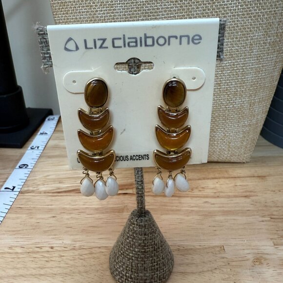 Liz Claiborne Gold-Tone Brown Crescent Drop Earrings W/ White Bead Accents - Picture 2 of 8